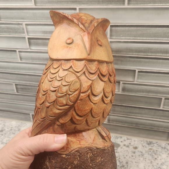 Vintage, Rustic, Wood like Carved Finish, Resin Owl Figurine 8.75" - Picture 3 of 7